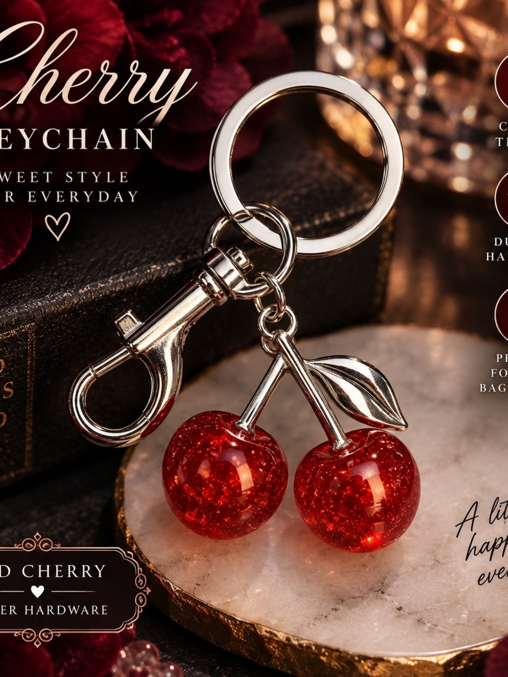 Cherry Keychain Pendant - Red Charm Keyring Red & Silver!